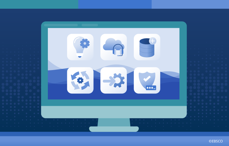 Illustration of 6 icons representing the EBSCO Folio video series in computer