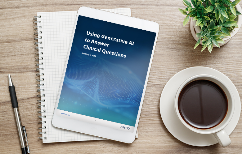 The first page of the white paper "Using Generative AI to Answer Clinical Questions" on a tablet on a desk