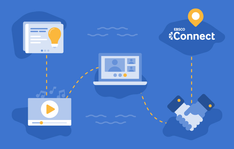 illustration of islands each representing a different icon. Island  one: solution guide. Island two: video. Island three: laptop with a webinar. Island four: shaking hands. Island five: EBSCO Connect Logo and x marks the spot 