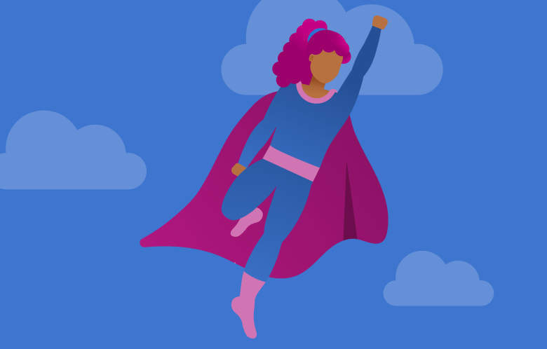 An illustrated blue and purple superhero flying in the sky