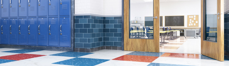 School hallway leading into a classroom.