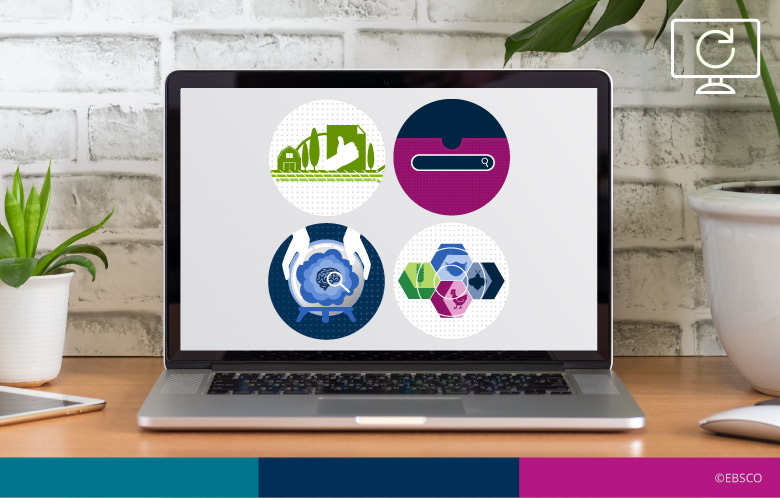 Photo of laptop screen with 4 illustrated icons that represent different webinar programs