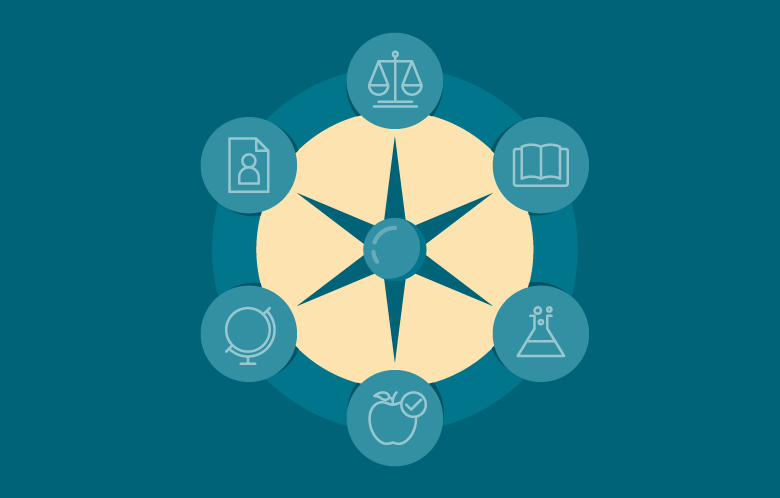 illustrated compass pointing to various school subjects