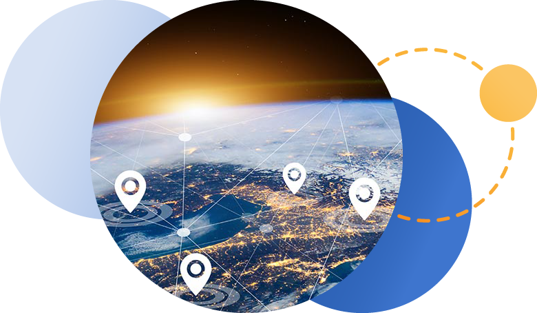 Photo of Earth from space with location pins across continents and lines connecting them