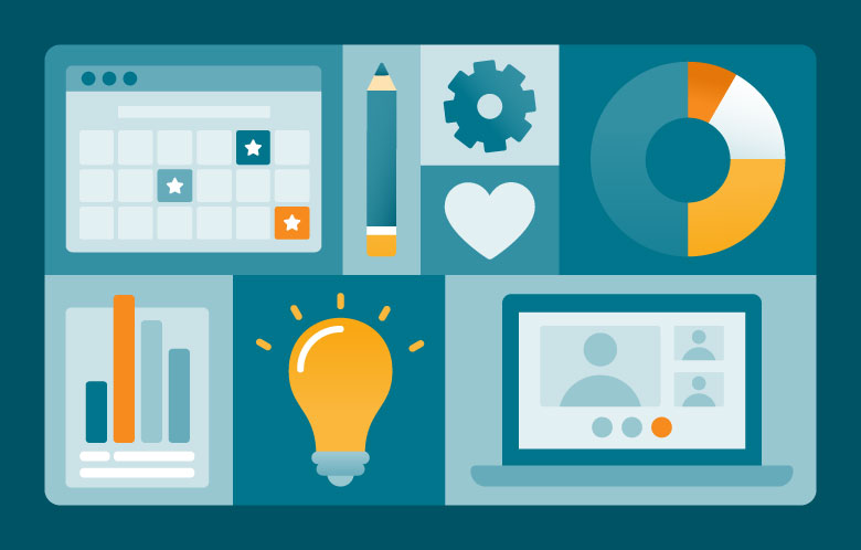 Illustration of a calendar, lightbulb, data graphs, laptop, pencils, gears, and heart