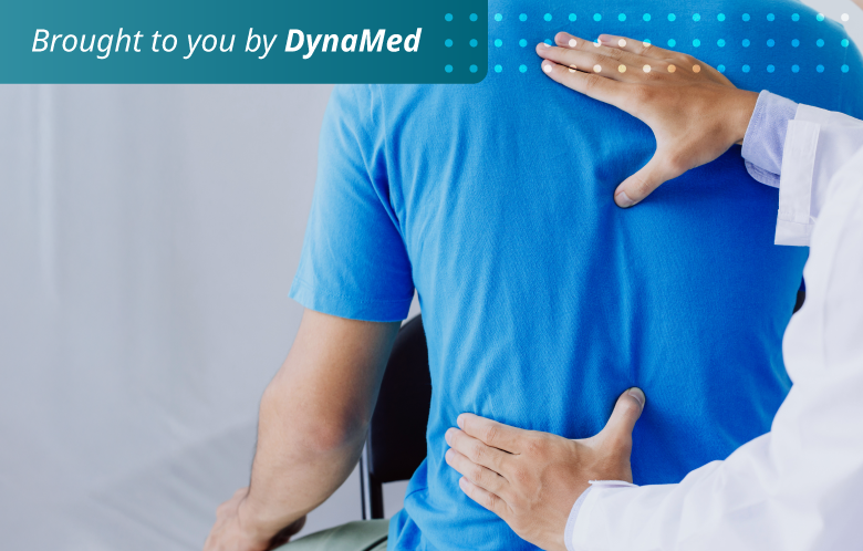 Brought to you by DynaMed: Image of a clinician reviewing a patient's spine