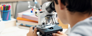 Young student using a microscope