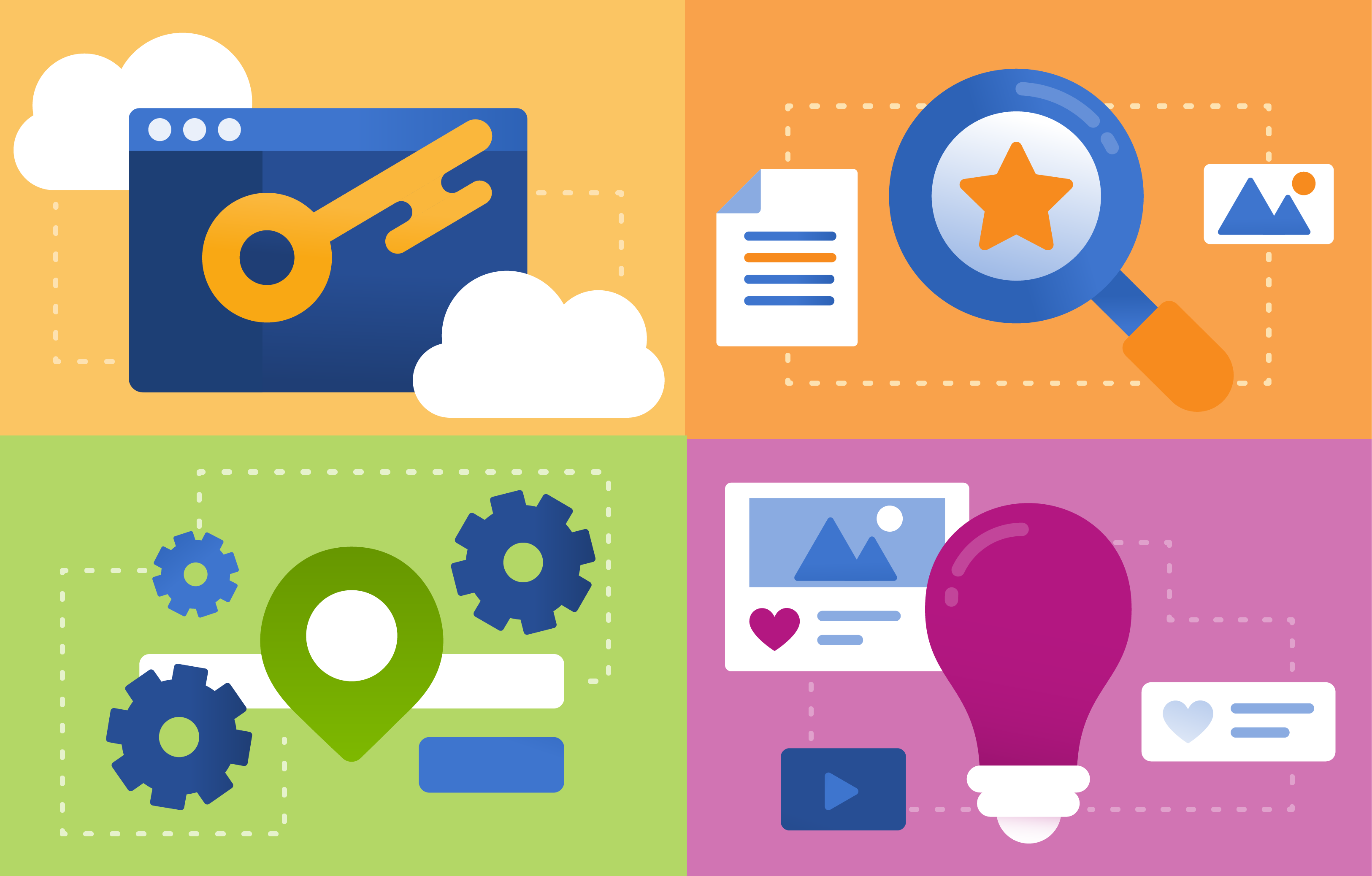 Illustration of key and clouds, magnifying glass and documents, location gears and lightbulb separated into 4 sections