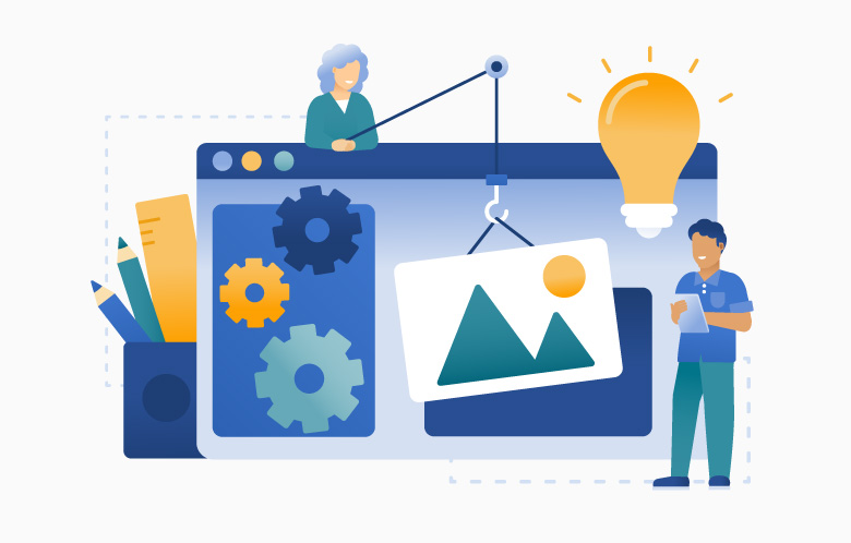 Illustration of a database with gears. A librarian leans over it holding a fishing pole. Attached to the end is a picture representing customization. Also pictured: a jar of pencils, lightbulb, and a person viewing a tablet