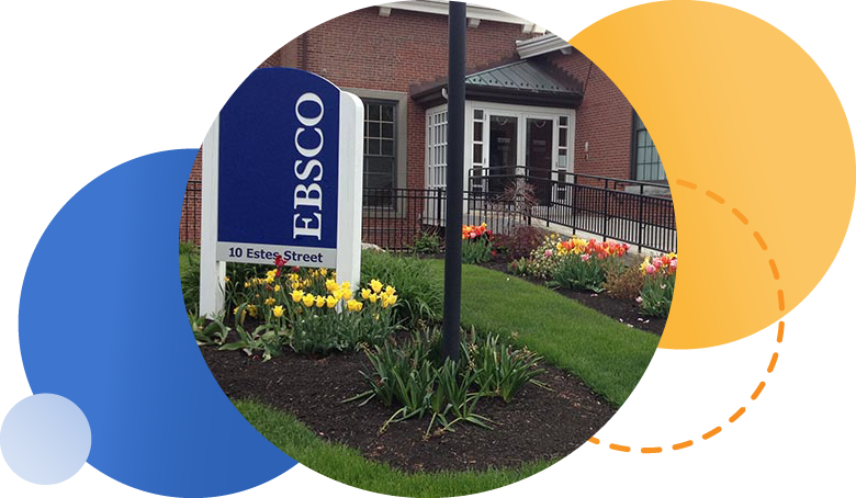 Main entrance of office location in Ipswich, MA. Showing sign that says "EBSCO 10 Estes Street"