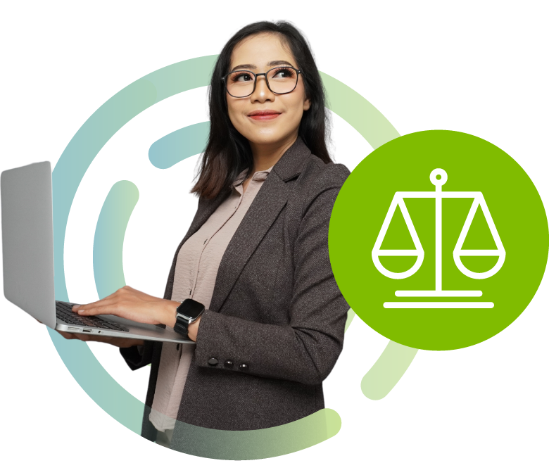 Woman holding a laptop with a circular pattern behind. Icon of a balance