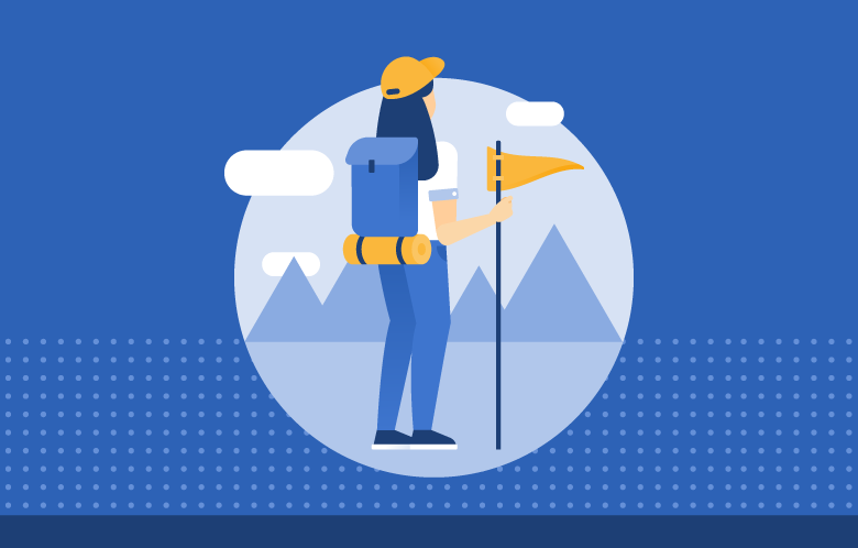 A blue and yellow illustration of a hiker approaching a mountain range