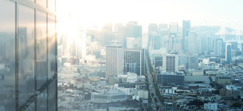 City skyline with skyscraper buildings