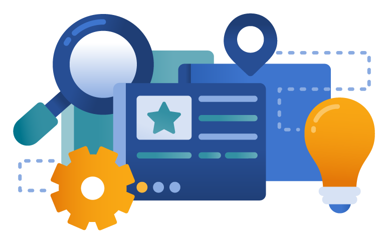 Illustration of a databases with lightbulb, magnifying glass, gear, and location pin