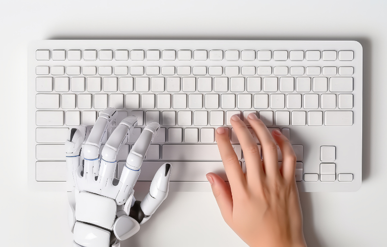 Robotic hand and regular hand typing on keyboard