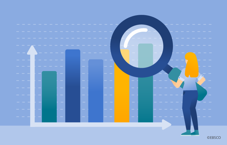 Illustration of woman holding magnifying glass and looking at a chart