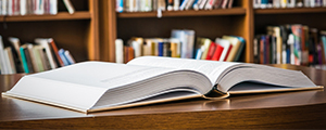 Open book on table in library