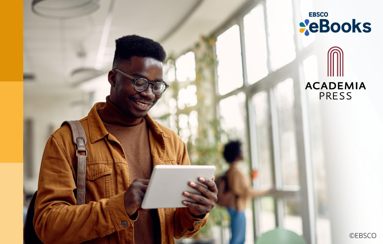 male student looking at a tablet in a library with eBooks and Academia Press logo