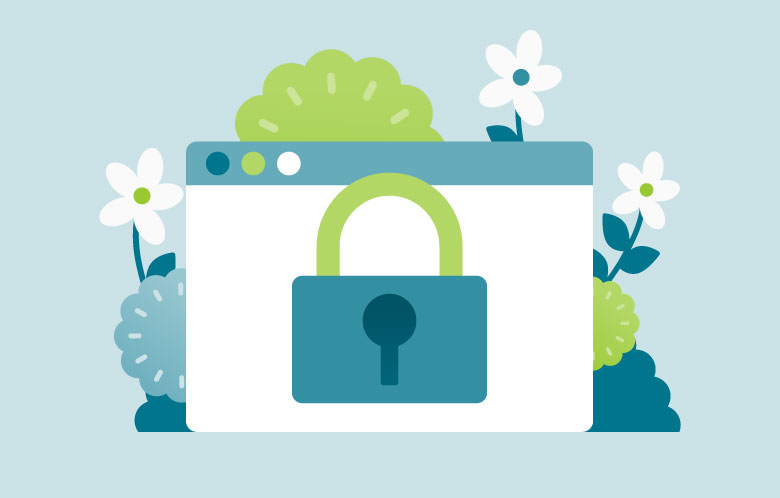 Illustration of a lock over a laptop with a garden of flowers and bushes behind it (EBSCO)