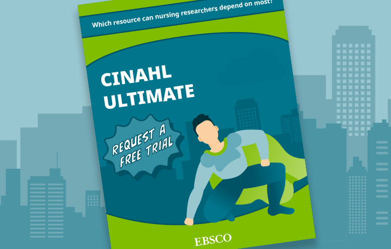 Front page of a CINAHL Ultimate superhero-themed product guide in front of a blue skyline