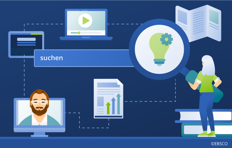 Illustration of person using magnifying glass to look at search bar surrounded by marketing and training materials